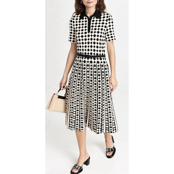 Tory Burch Jaquard Midi Polo Dress Black White Dots Belted Pleated A Line Size M - Picture 1 of 8